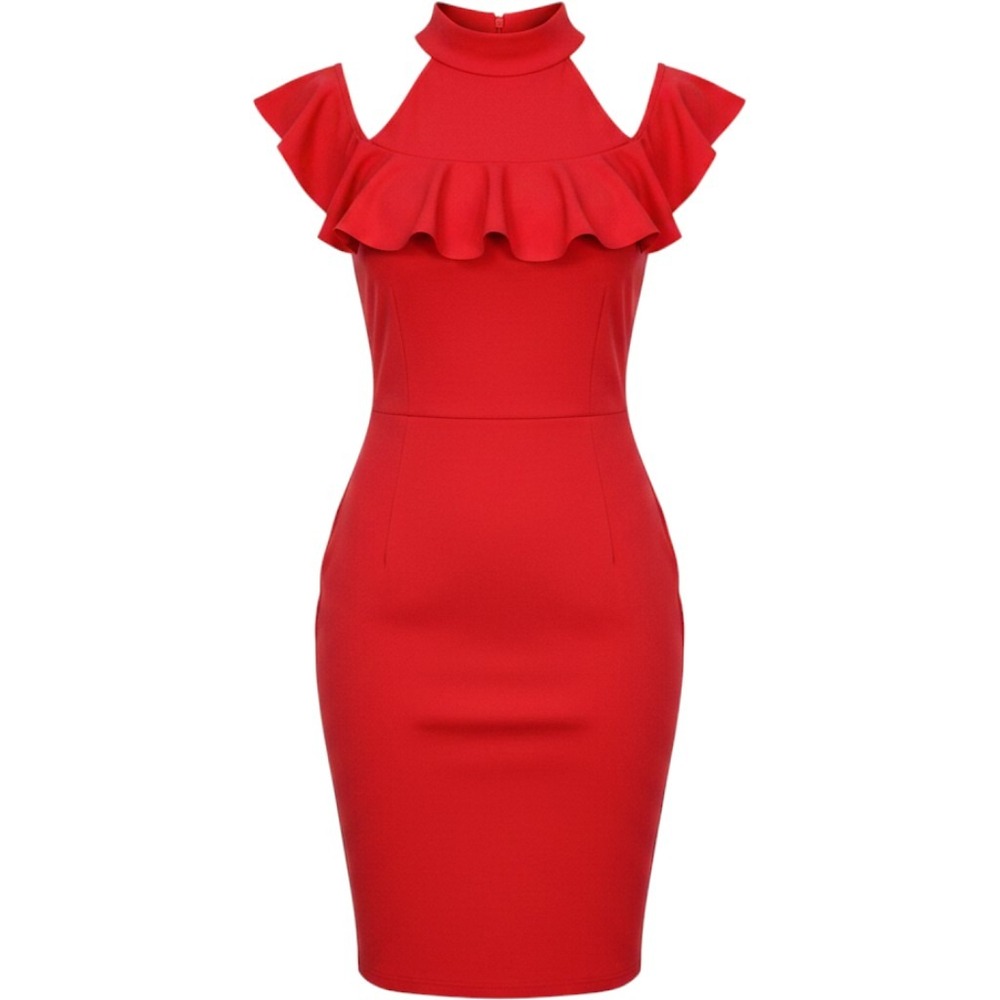 Missguided Ruffle Cold Shoulder‎ Dress Womens Size 6 Red Bodycon Cocktail Midi